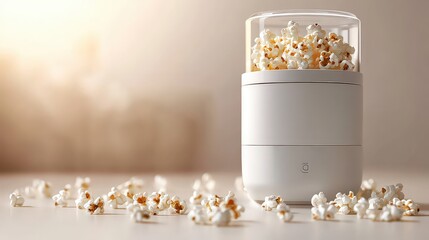 Compact popcorn maker with freshly popped kernels spilling out, designed with modern simplicity and efficiency for home use.
