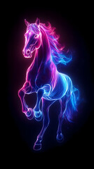 A stunning neon horse illuminated in vibrant colors, capturing the majestic beauty and grace of this magnificent creature.