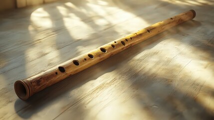 Fototapeta premium Traditional wooden flute lying on sunlit floor, its craftsmanship and simplicity reflecting cultural significance and connection to nature through music.