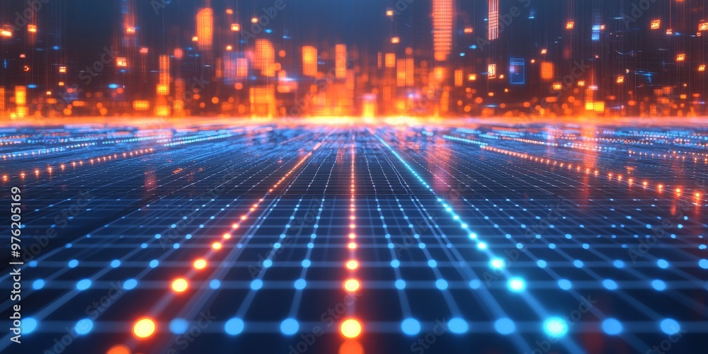 Poster a vibrant digital landscape with glowing lines and nodes creates a setting to explore advanced techn