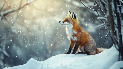 Obraz premium Red beautiful fox in the winter forest