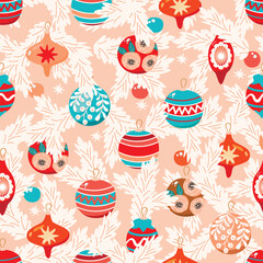 Cartoon seamless pattern with spruce branches and Christmas decorations.Colorful background with painted balls, stars.Festive print on fabric and paper.Vector design for  textile,packaging,wallpaper.