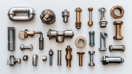 Obraz premium Various metal bolts, nuts, and fittings organized neatly. Different shapes, sizes, and materials show diversity in industrial components. Precision and engineering dominate the design.