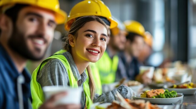 Construction workers enjoying a meal together at a job site