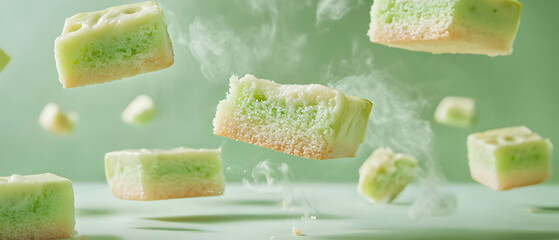 A colorful assortment of floating marshmallow cubes, showcasing vibrant green and peach hues against a soft green background.