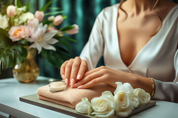 A woman enjoys a tranquil manicure, surrounded by fresh flowers. Soft lighting highlights her well-groomed nails and the elegant setup creates a calming atmosphere
