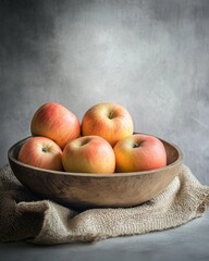 Stack of fresh apples in a wooden bowl on burlap cloth against a dark grey background