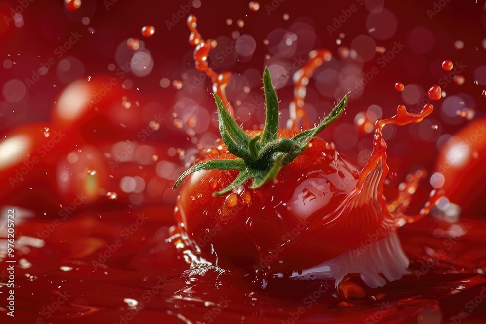 Poster a close-up shot of a tomato being splashed with water, great for use in food or kitchen related cont