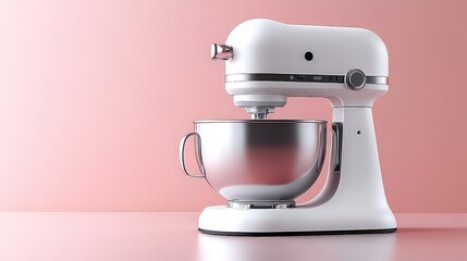  Sleek white kitchen mixer against a pink backdrop, blending modern design and functionality for culinary enthusiasts.