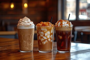 Three iced coffee drinks with whipped cream. Perfect for showcasing coffee shop menu items and promotions.
