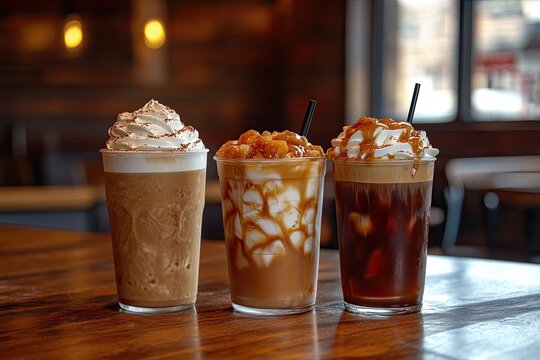 Three iced coffee drinks with whipped cream. Perfect for showcasing coffee shop menu items and promotions.