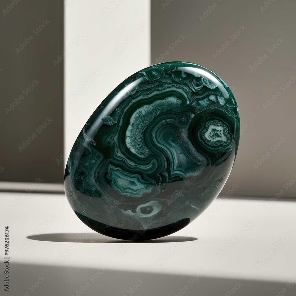 Poster polished green stone with swirling patterns displayed on a neutral backdrop in natural light