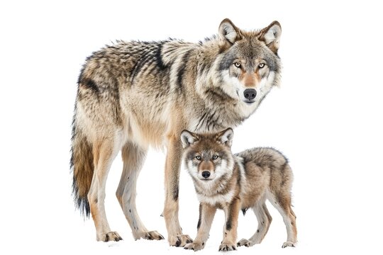 A mother wolf and her two cubs in a natural environment