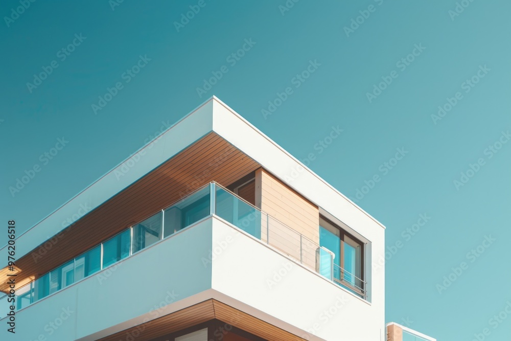 Poster A tall white building with a balcony on top, suitable for use as a background or to represent a modern structure