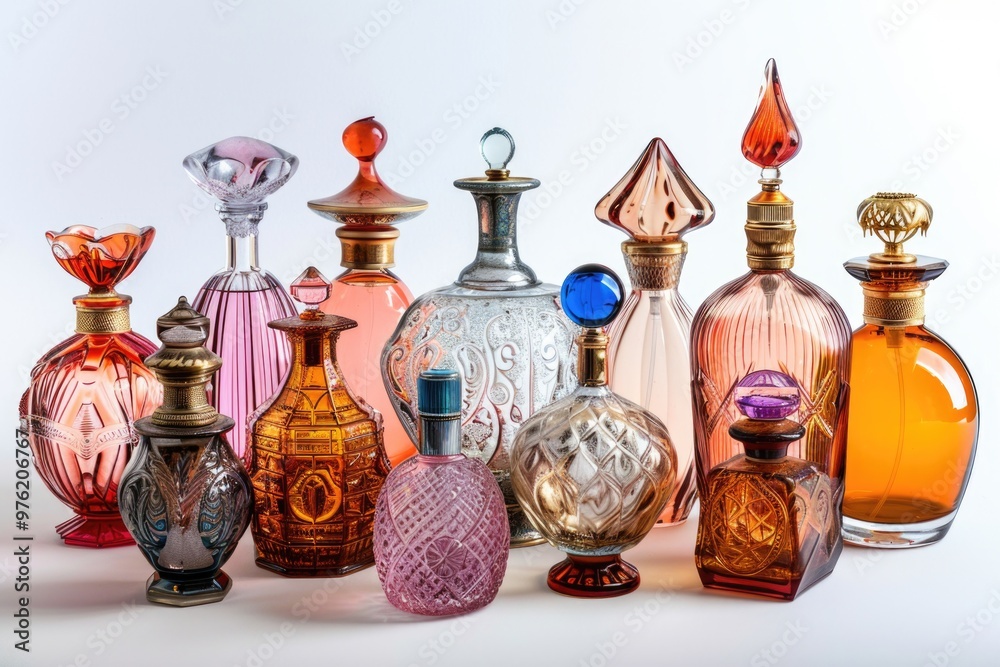 Poster a collection of colorful glass bottles arranged on a white background