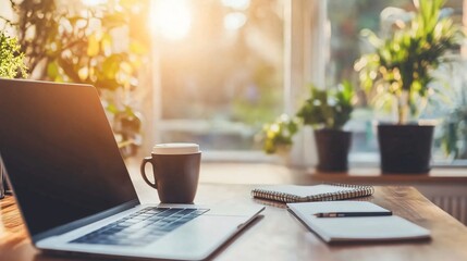 Home office desk workspace with laptop coffee and notebook at sunrise