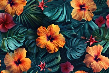 A bouquet of colorful tropical leaves and orange flowers