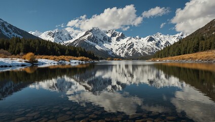 Snowy mountains reflected in a river.