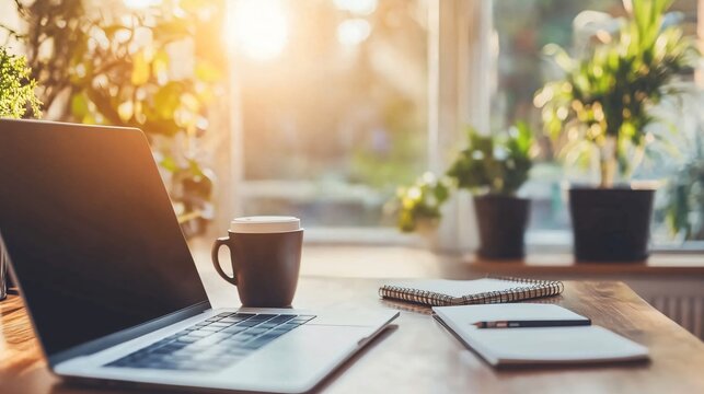 Home office desk workspace with laptop coffee and notebook at sunrise - Powered by Adobe