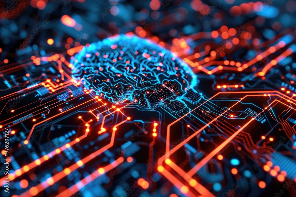 Poster a close-up of a circuit board featuring a brain icon, suitable for tech-related or educational purpo