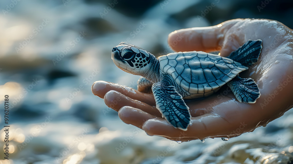 Wall mural A small sea turtle resting gently in a person's hand, showcasing the beauty of marine life and conservation efforts.