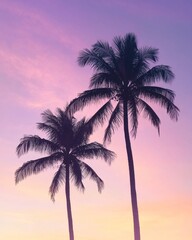 Silhouette of two coconut palm trees against a vibrant sunset sky in pastel purple and pink hues