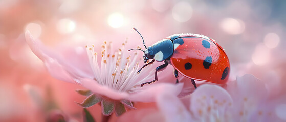 A vibrant ladybug perched on a delicate pink flower, showcasing nature's beauty and the wonder of springtime.