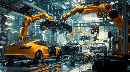 Cinematic shot of a car factory with robotic arms building electric vehicles, AI-powered computer vision scanning production processes, digitalized futuristic environment, hyper-detailed