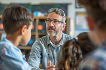 A teacher speaking with students in a school setting, ideal for educational or inspirational uses