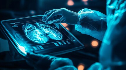 Medical doctor analyzing mammogram for breast cancer detection on digital tablet