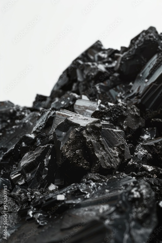 Poster a pile of dark stones sits on a clean white surface, perfect for use in minimalist or abstract desig