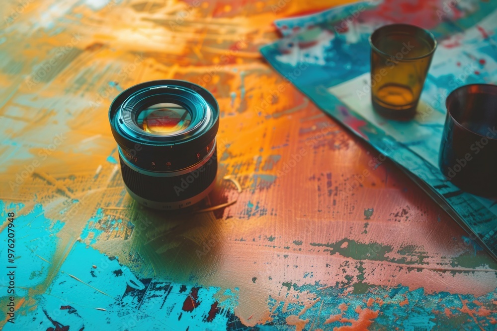 Poster a camera lens sitting on a table, ready for use