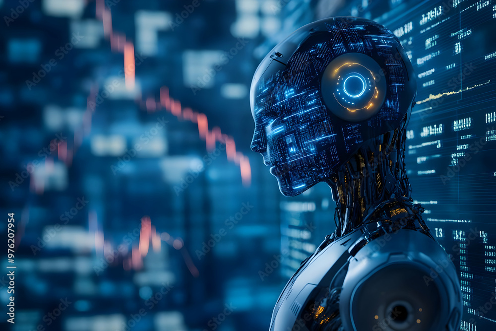 Poster futuristic robot profile with digital data overlay, representing advanced technology and artificial 