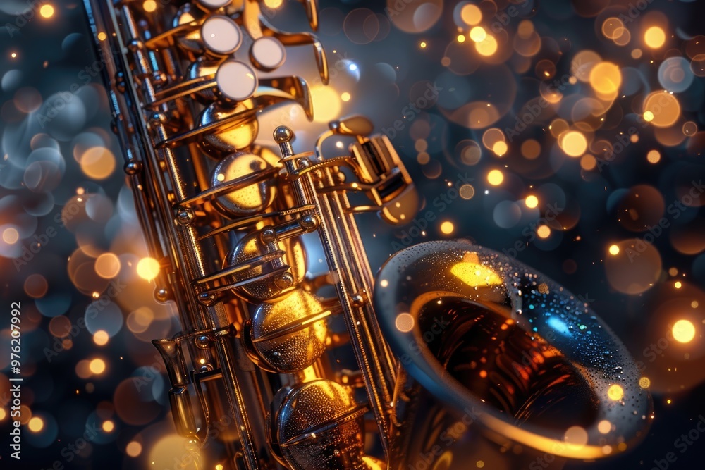 Poster a close-up shot of a saxophone with colorful lights in the background, perfect for music-related or 