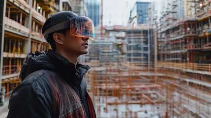 Construction worker using AR headset at building site, exploring virtual plans to integrate cutting-edge technology with real-world architecture.