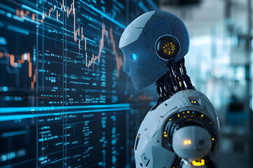 Futuristic robot analyzing digital data on screens, representing technology, artificial intelligence, and innovation.