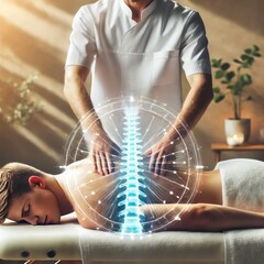 Chiropractor aligning spine with glowing energy in holistic massage therapy session