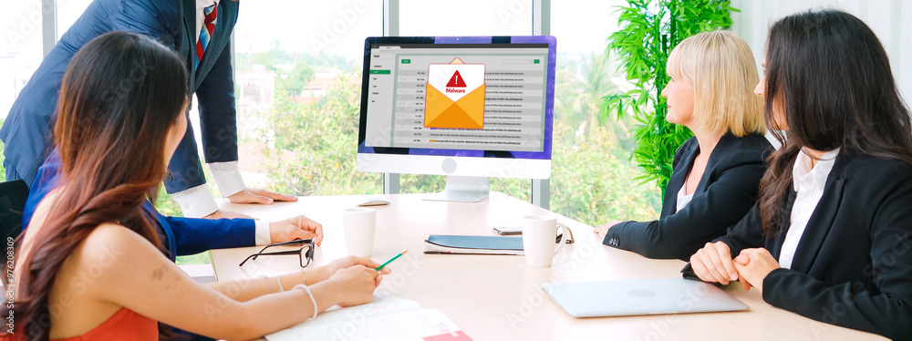 Poster cyber attacking concept. malware alert showing on computer screen display scam and threat detection 