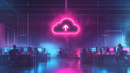  Neon pink cloud icon glowing above an office filled with workers and computers, symbolizing cloud storage and digital file management.