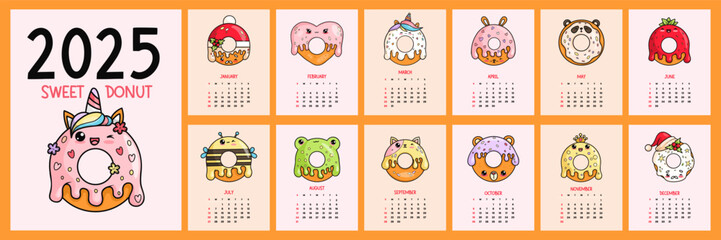 Cute sweet donut calendar 2025. Funny cartoon kawaii character mascot delicious pastries. Vertical printable planner organizer. Cover and 12 month pages English. Week from Sunday. Vector illustration.