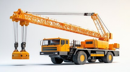  Large yellow mobile crane with extended arm and hooks, showcasing powerful construction machinery used for heavy lifting on industrial sites.