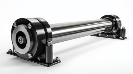  Single stainless steel industrial cylinder on white surface, showcasing precision engineering for heavy-duty industrial applications.