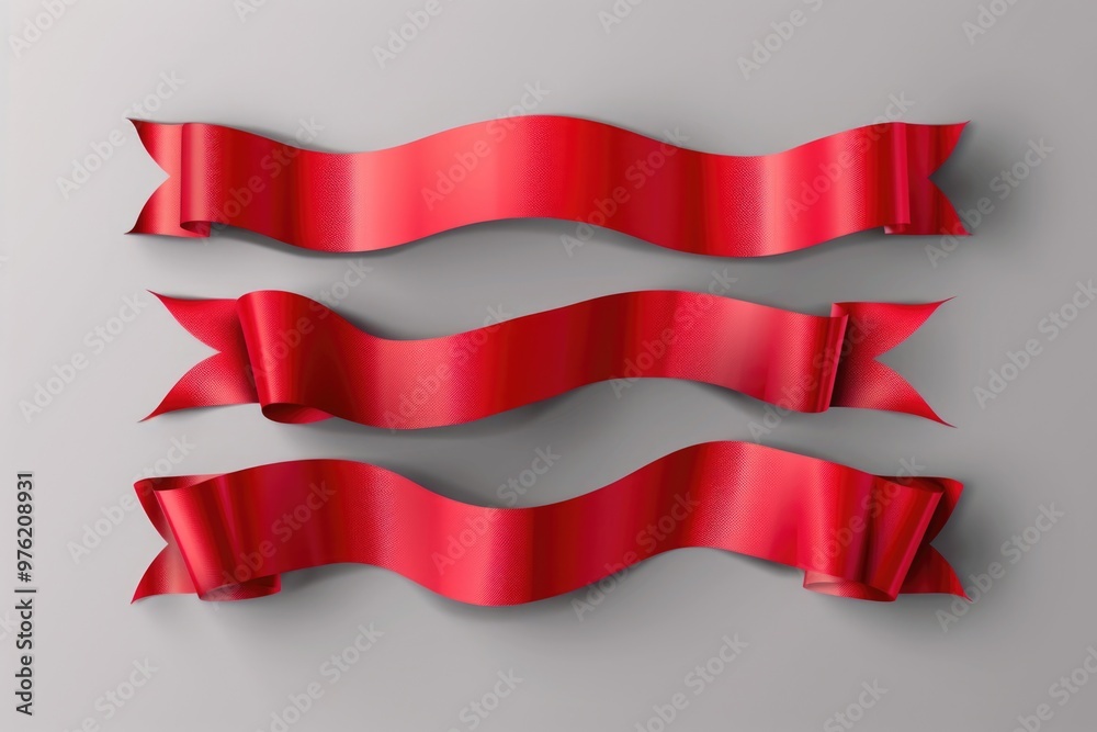 Poster three red ribbons sit on a neutral gray background, ideal for use in designs focused on simplicity a