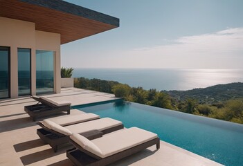 Fototapeta premium A beautiful white house with a refreshing pool in front