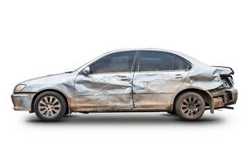 Obraz premium A silver car with significant damage from an accident or crash scene