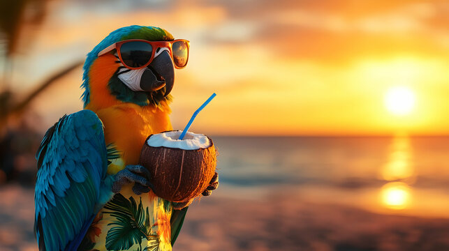 A colorful parrot wearing sunglasses enjoys a coconut drink at sunset on a beach, epitomizing tropical relaxation.