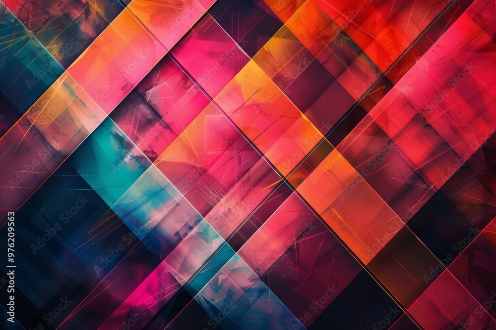 Poster colorful, abstract geometric patterns intersect with sharp lines and gradients, creating a vibrant b