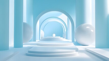 
3d rendering of white and blue abstract geometric background. Scene for advertising, technology, showcase, banner, game, sport, cosmetic, business, metaverse. Sci-Fi Illustration. Product display