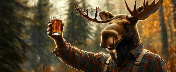 A whimsical moose character cheers with a beer in a vibrant forest setting, embodying fun and nature appreciation.