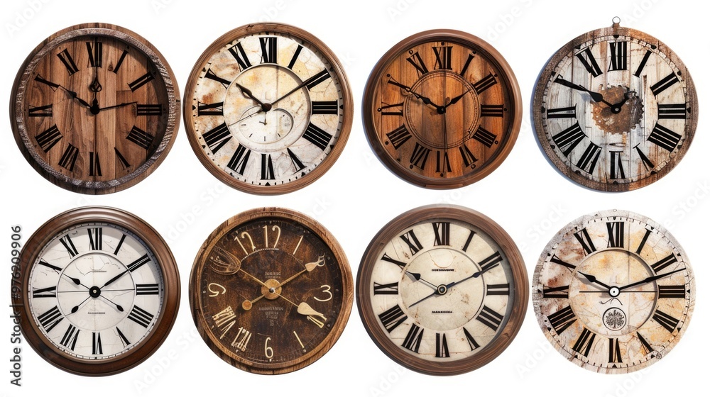 Aufkleber Collection of analog and digital clocks displayed on a clean white surface, ideal for use in presentations or designs related to time, schedule, or technology